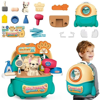 Toy grooming station with various grooming tools and a child holding a backpack with a toy dog on a white background.