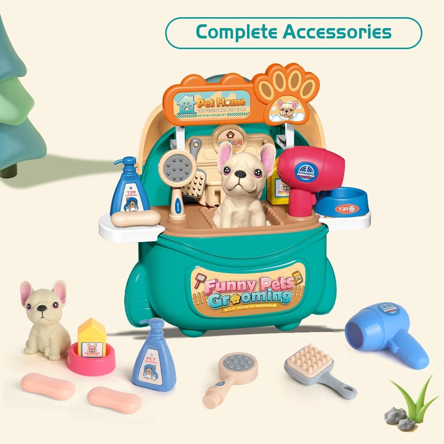 Toy grooming station with various accessories on a light background