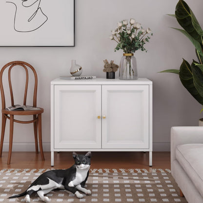 Cat Litter Box Enclosure, Metal Cat Washroom Furniture With Barn Door, Indoor Pet House, Fit Most Of Litter Box, End Side Table,White