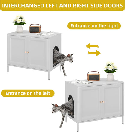 Cat Litter Box Enclosure, Metal Cat Washroom Furniture With Barn Door, Indoor Pet House, Fit Most Of Litter Box, End Side Table,White