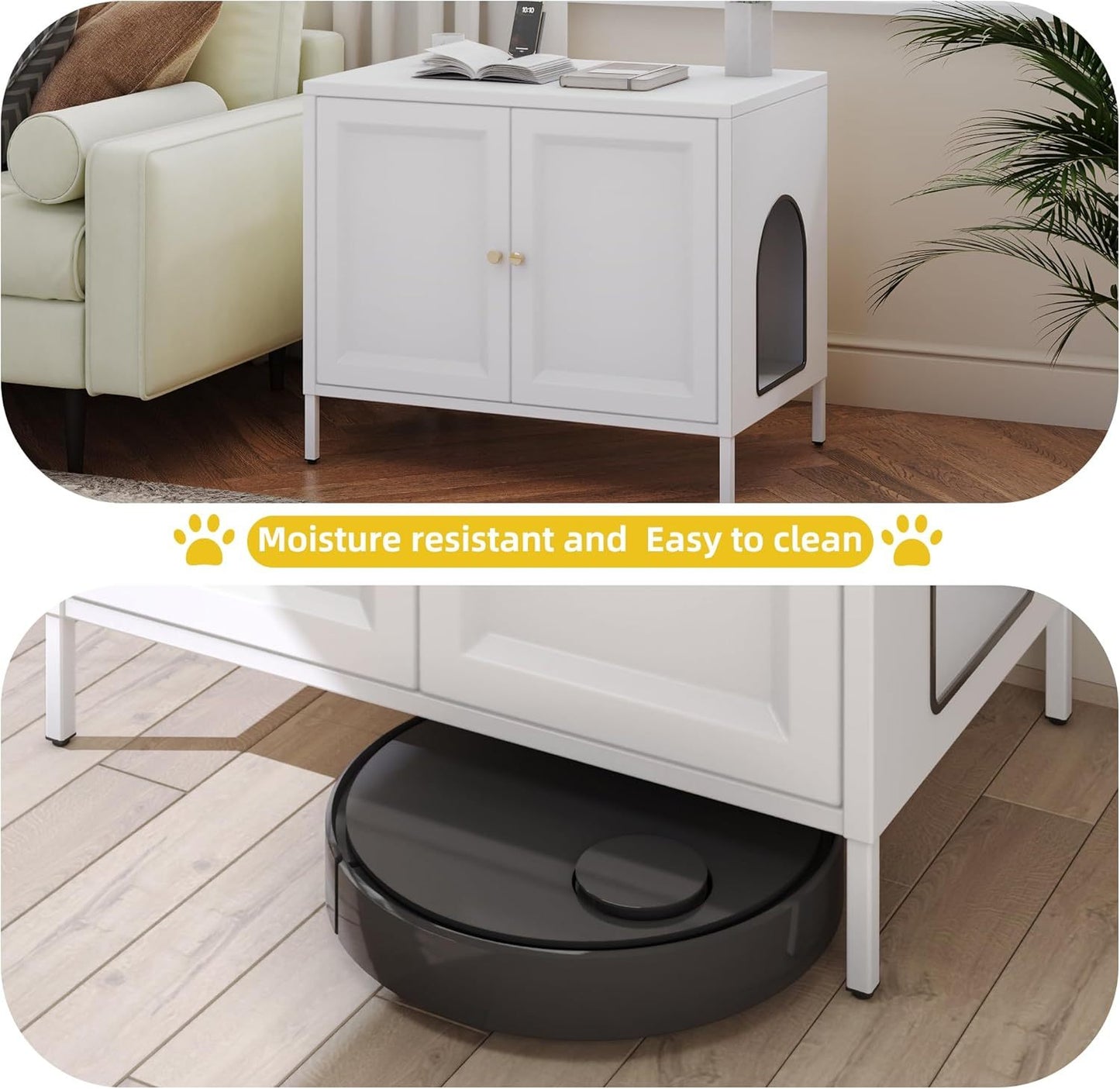 Cat Litter Box Enclosure, Metal Cat Washroom Furniture With Barn Door, Indoor Pet House, Fit Most Of Litter Box, End Side Table,White