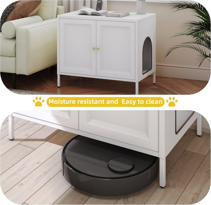 Cat Litter Box Enclosure, Metal Cat Washroom Furniture With Barn Door, Indoor Pet House, Fit Most Of Litter Box, End Side Table,White
