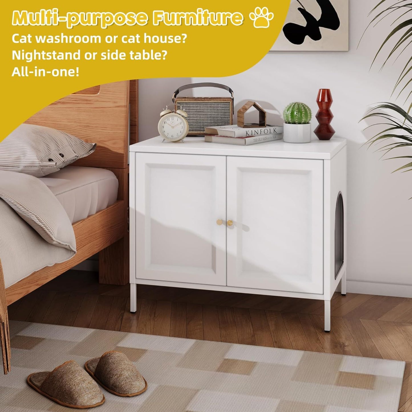 White cabinet with cat features in a bedroom setting