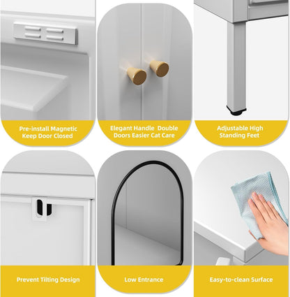 Cat Litter Box Enclosure, Metal Cat Washroom Furniture With Barn Door, Indoor Pet House, Fit Most Of Litter Box, End Side Table,White