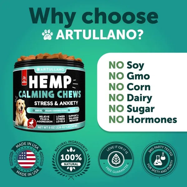 Artullano hemp calming chews for dogs with product details on a green background
