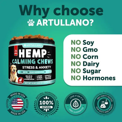 Artullano hemp calming chews for dogs with product details on a green background