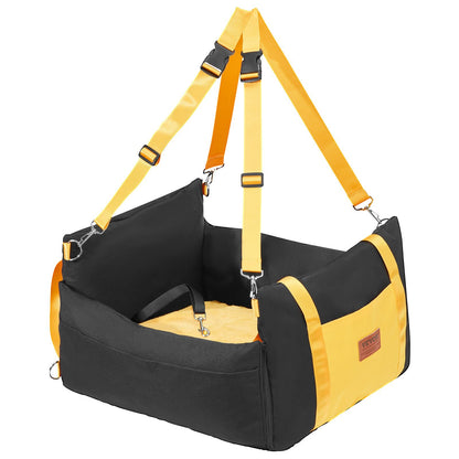 Black and yellow pet carrier with straps on a white background