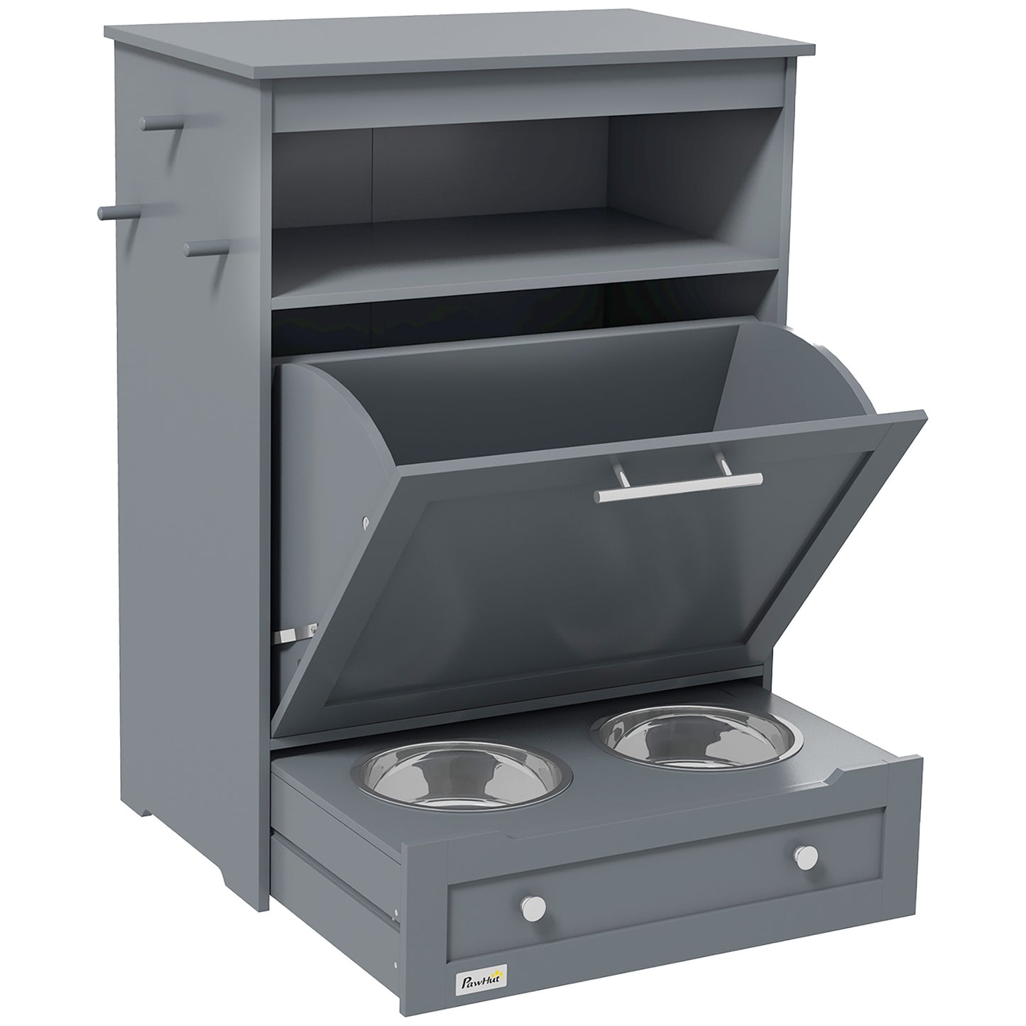 Gray pet feeding station with open cabinet revealing two metal bowls inside.