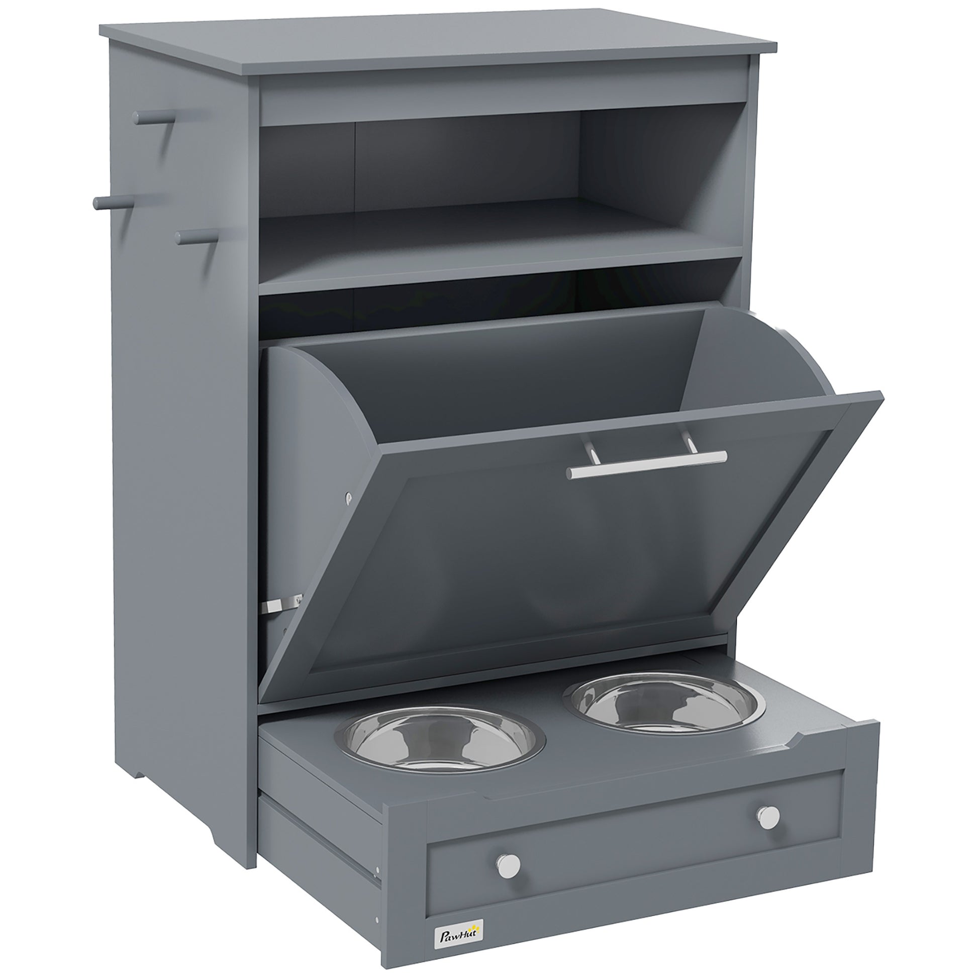 Gray pet feeding station with open cabinet revealing two metal bowls inside.