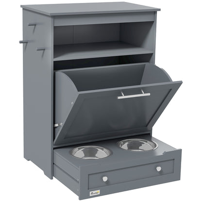 Gray pet feeding station with open cabinet revealing two metal bowls inside.