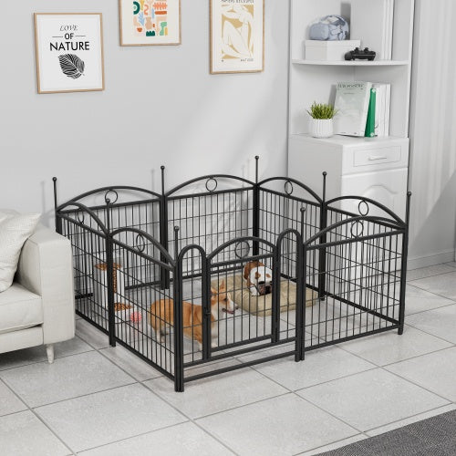 Black metal pet pen with dogs inside in a living room setting