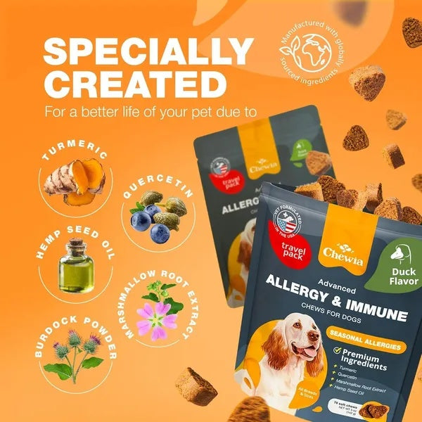 Dog food packaging with ingredients and benefits on an orange background