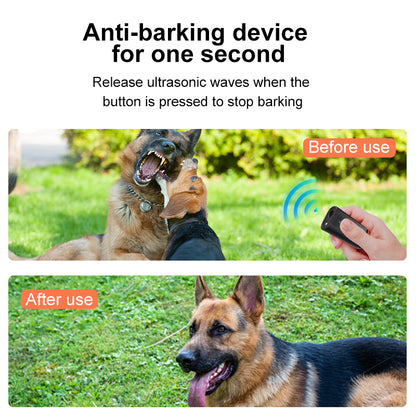 Anti-barking device for dogs with a remote control, showing before and after use on a grassy background.