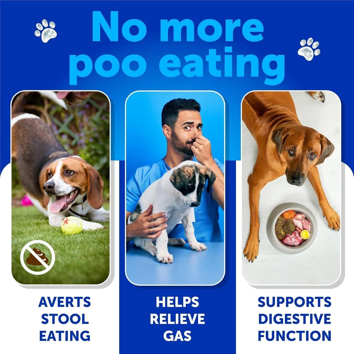 Advertisement for a product to stop dogs from eating their own feces, featuring images of a dog, a man with a puppy, and a dog with a bowl of food.