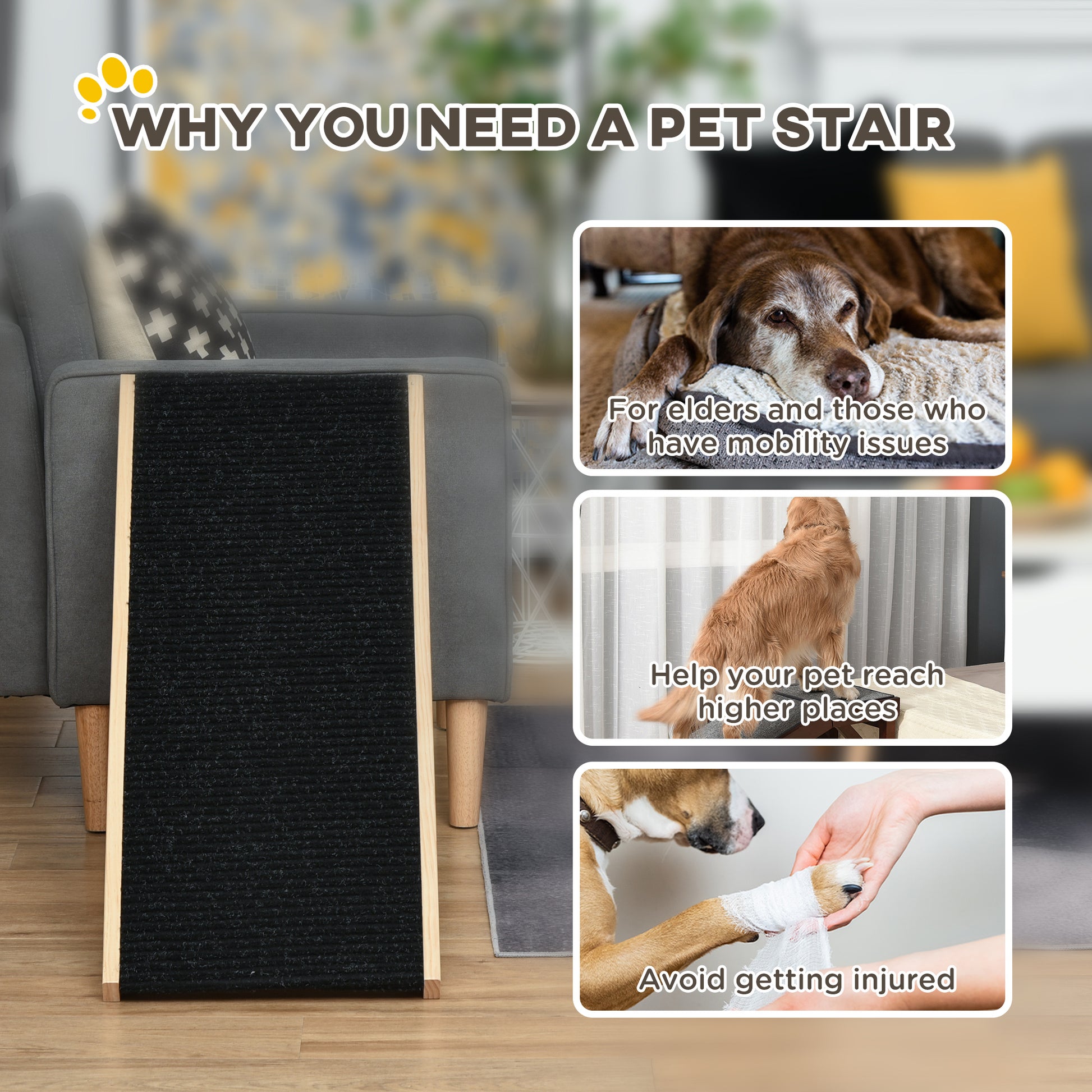 Pet stair with images and text explaining its benefits in a living room setting.