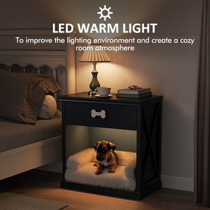 Dog in a lit pet bed with LED warm light feature in a cozy bedroom setting.