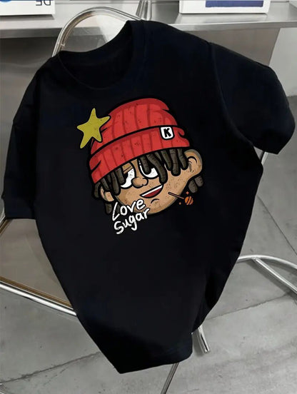 Black sweatshirt with cartoon character and 'Love Sugar' text on a chair.
