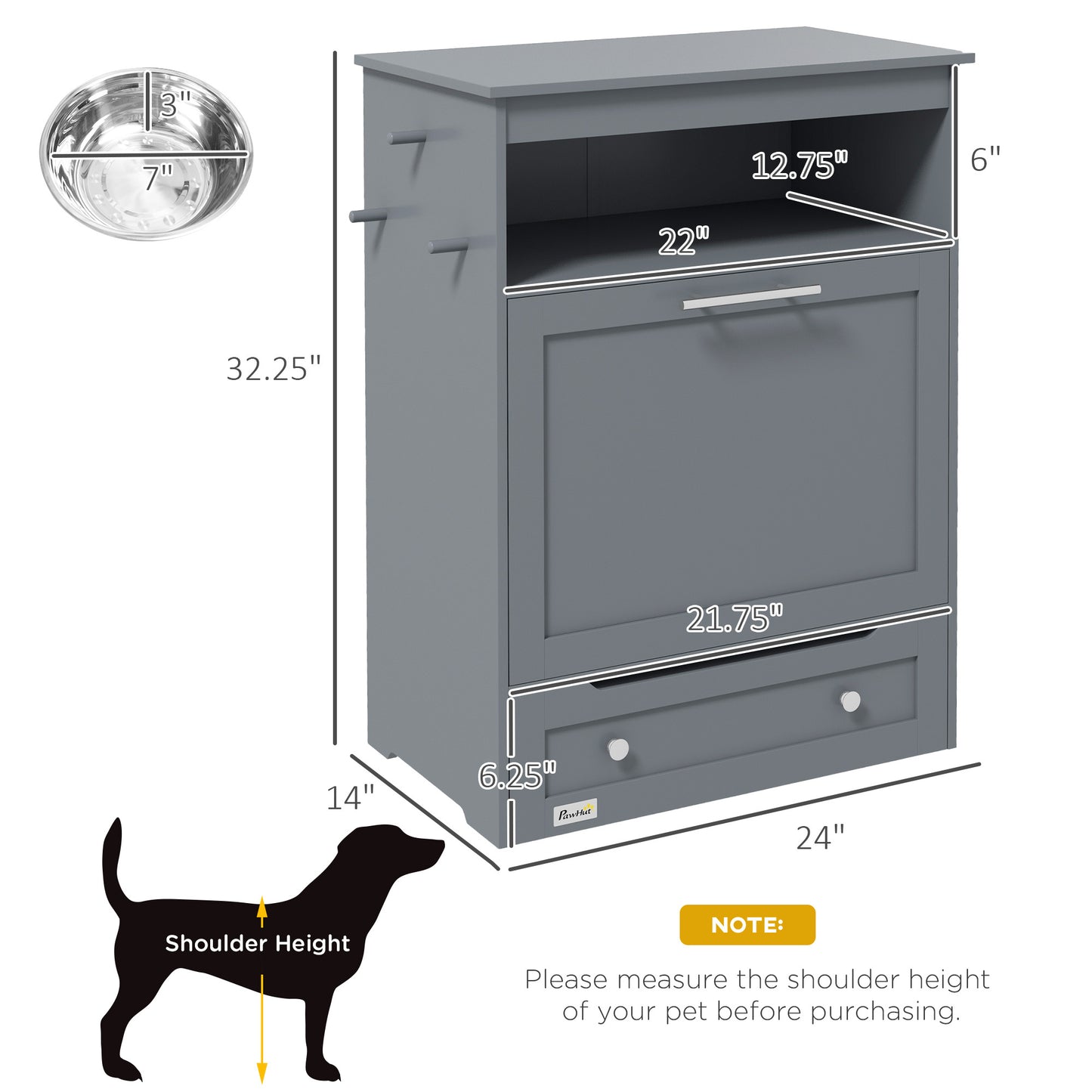 Gray pet cabinet with dimensions labeled on a white background