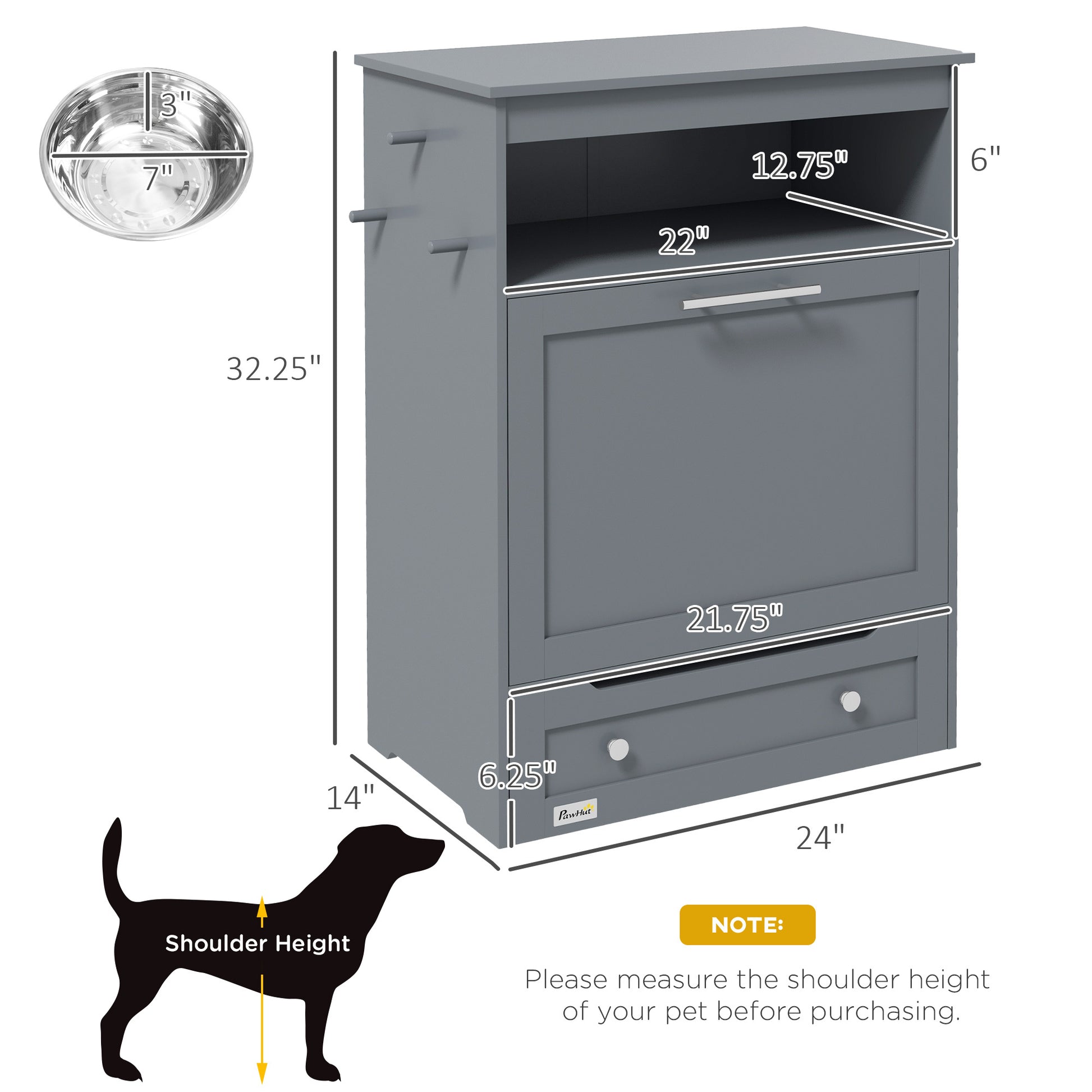 Gray pet cabinet with dimensions labeled on a white background