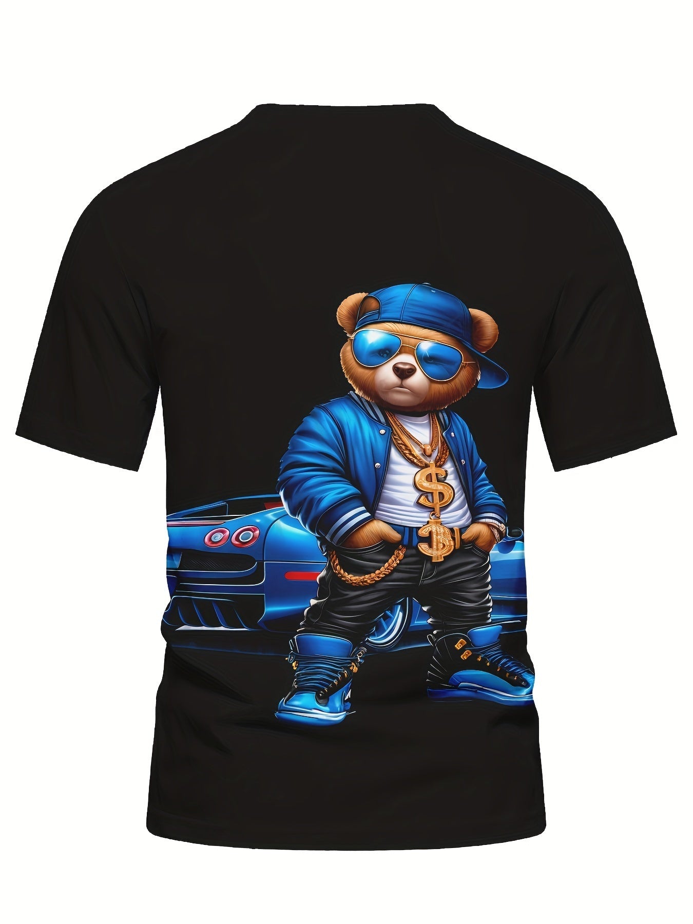 Black t-shirt with a graphic of a bear in a blue outfit standing next to a blue car on a white background.