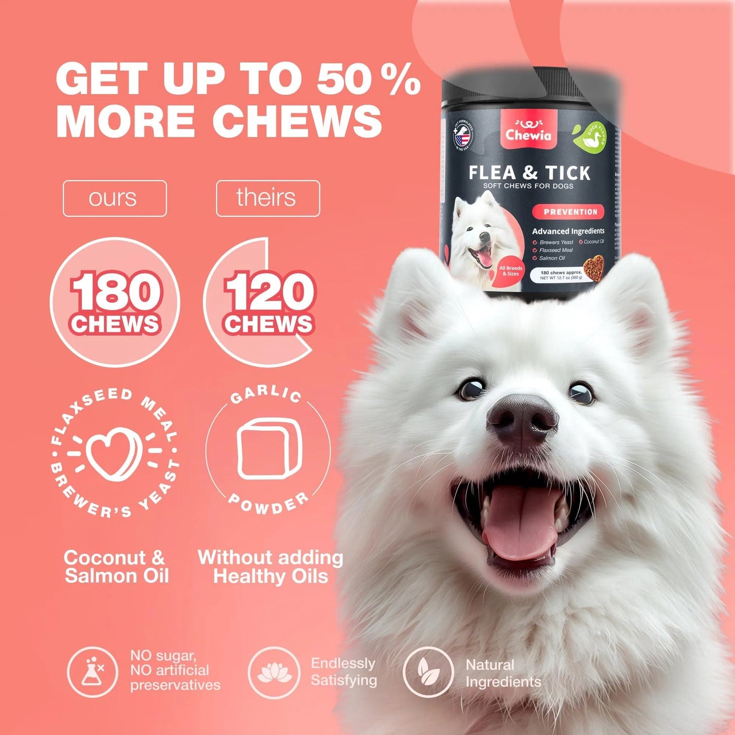 Dog with a product container and promotional text on a pink background