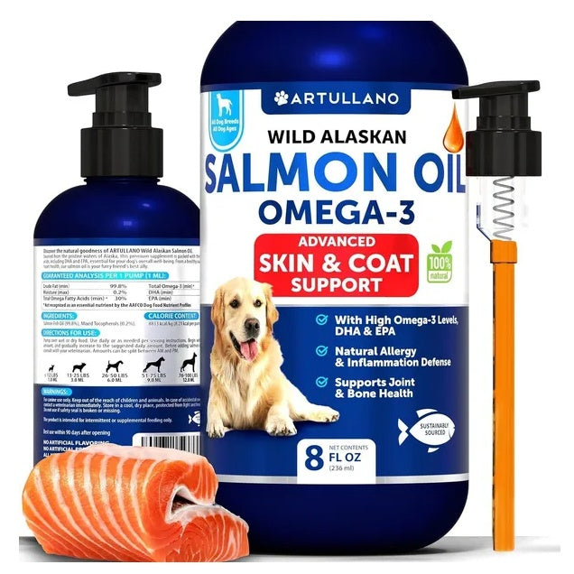 Artullano Wild Alaskan Salmon Oil Omega-3 bottle with pump for dogs on a white background