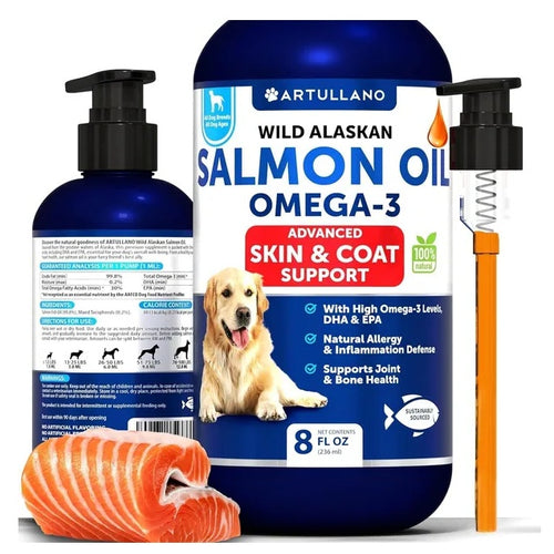 Artullano Wild Alaskan Salmon Oil Omega-3 bottle with pump for dogs on a white background