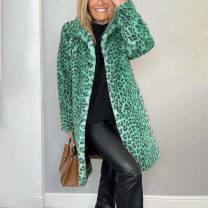 Person wearing a green leopard print coat with a plain background