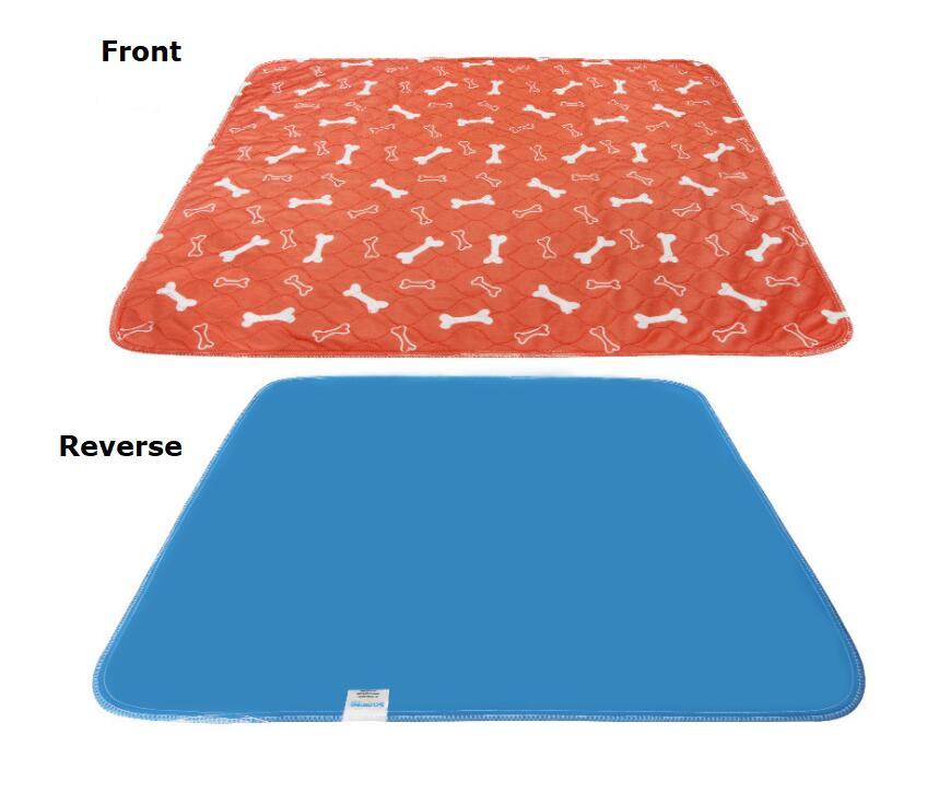 Two dog mats, one with a red bone pattern and the other blue, on a white background.