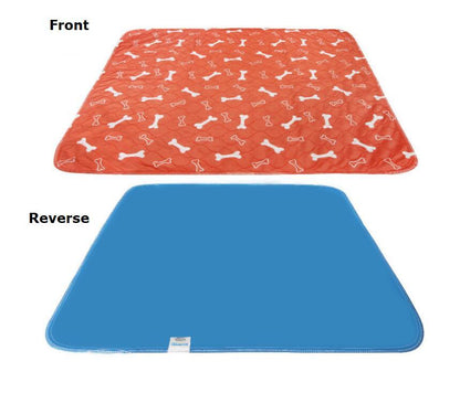 Two dog mats, one with a red bone pattern and the other blue, on a white background.