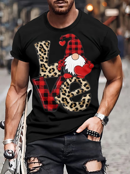 Man wearing a black t-shirt with a graphic design of a gnome, plaid pattern, and leopard print letters spelling 'LOVE'.