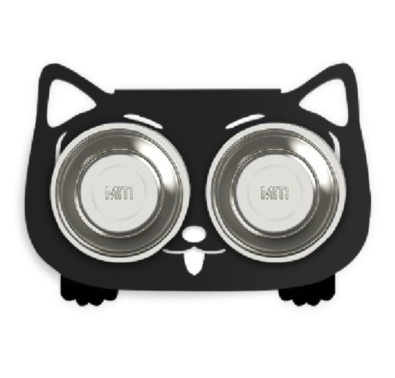 Black cat-shaped double bowl feeder with two silver bowls on a white background