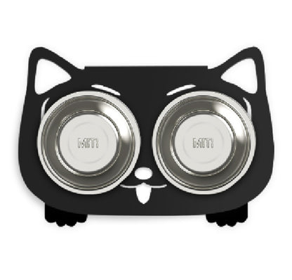 Black cat-shaped double bowl feeder with two silver bowls on a white background