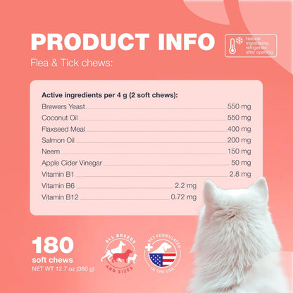 Product information for flea and tick chews with a list of active ingredients on a pink background.