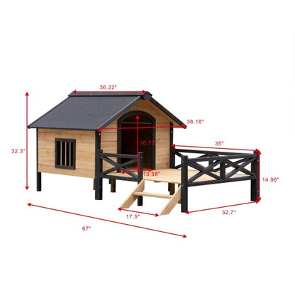 Wooden dog house with dimensions marked on a white background