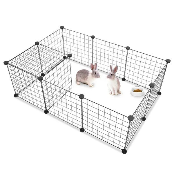 Pet playpen with two rabbits inside on a white background