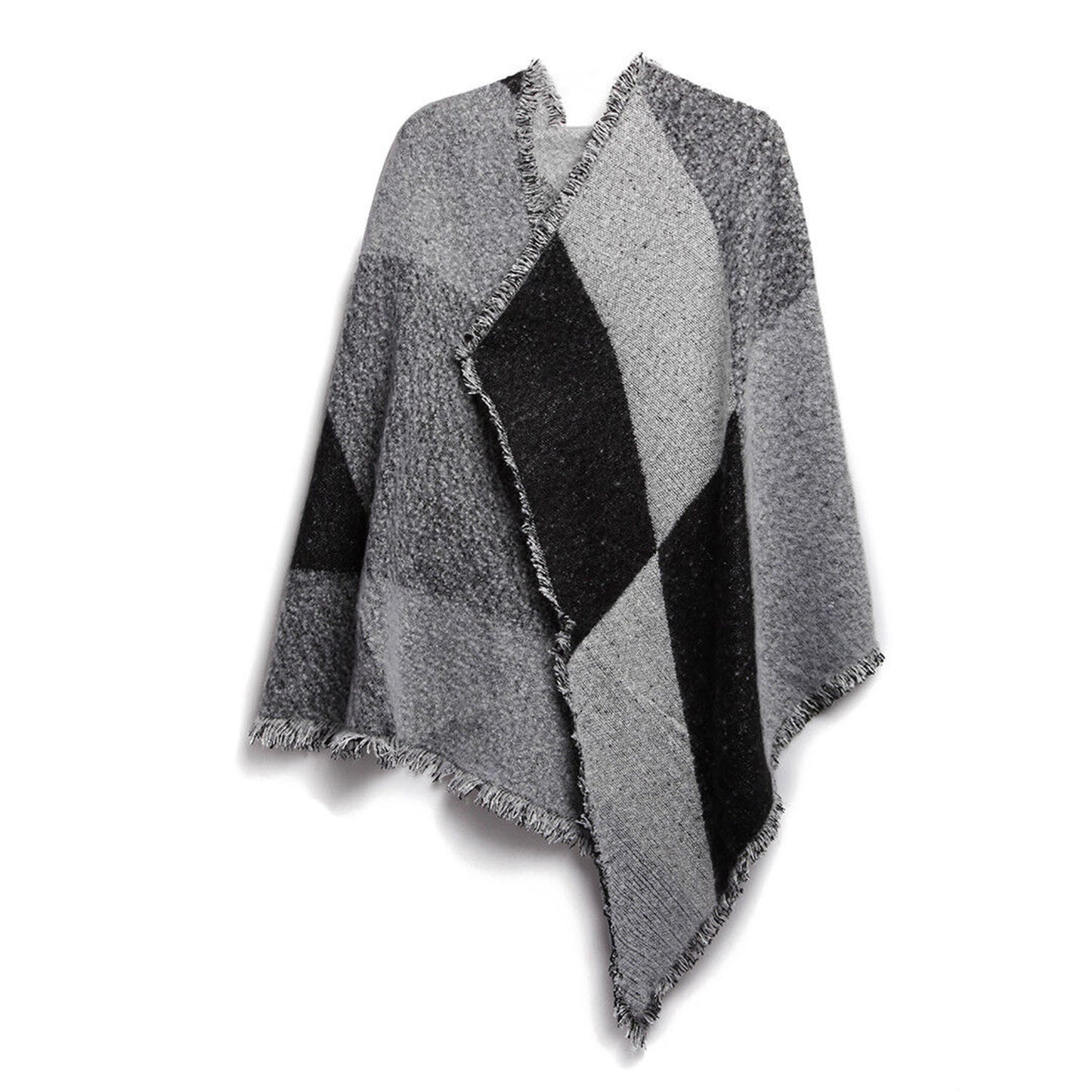 Gray and black patterned poncho on a white background