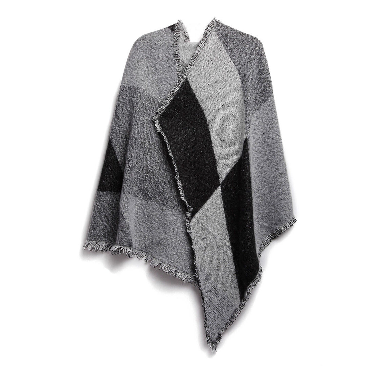 Gray and black patterned poncho on a white background