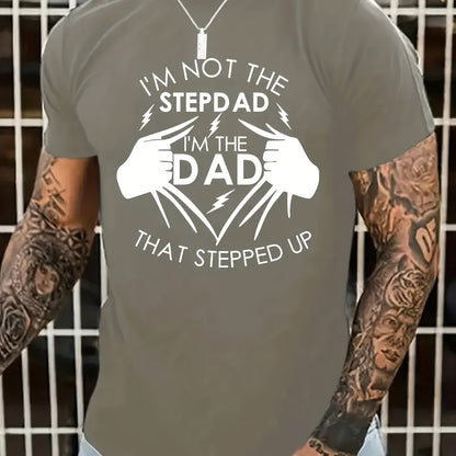 Person wearing a t-shirt with a humorous message about being a stepdad.