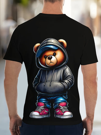 Black t-shirt with a bear in a hoodie graphic on a blurred street background