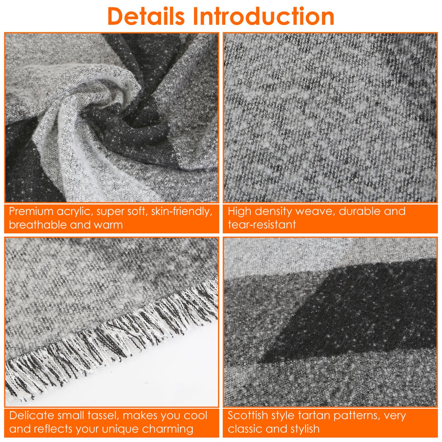 Textured fabric with Scottish-style tartan patterns, premium acrylic properties, and decorative tassel.