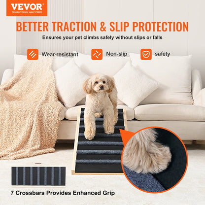 Dog using a pet stair ramp with VEVOR branding and product features highlighted.