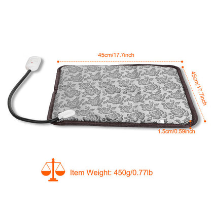 Heating pad with floral pattern and measurement details on a white background