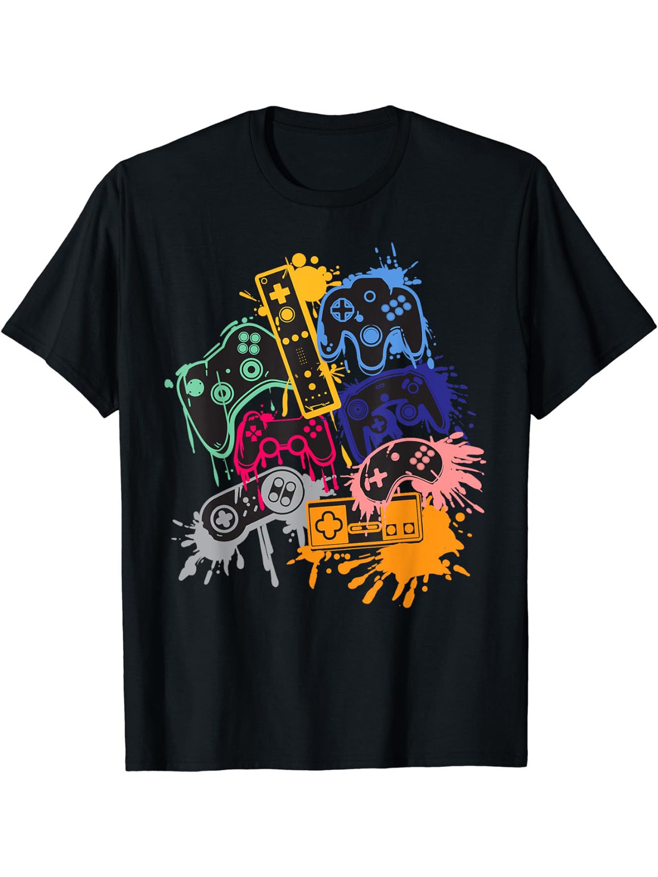 Black t-shirt with colorful gaming controller designs on a white background