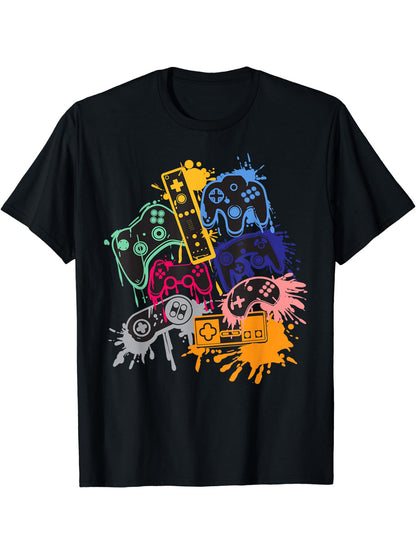 Black t-shirt with colorful gaming controller designs on a white background