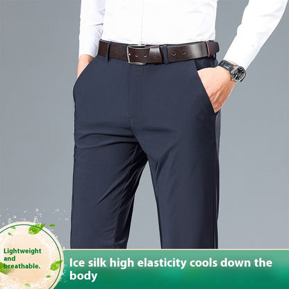 Person wearing navy blue pants with text about ice silk material on a gray background