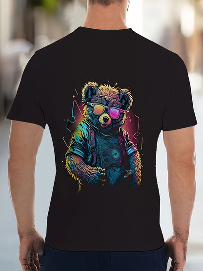 Black t-shirt with a colorful bear graphic and sunglasses on a blurred street background