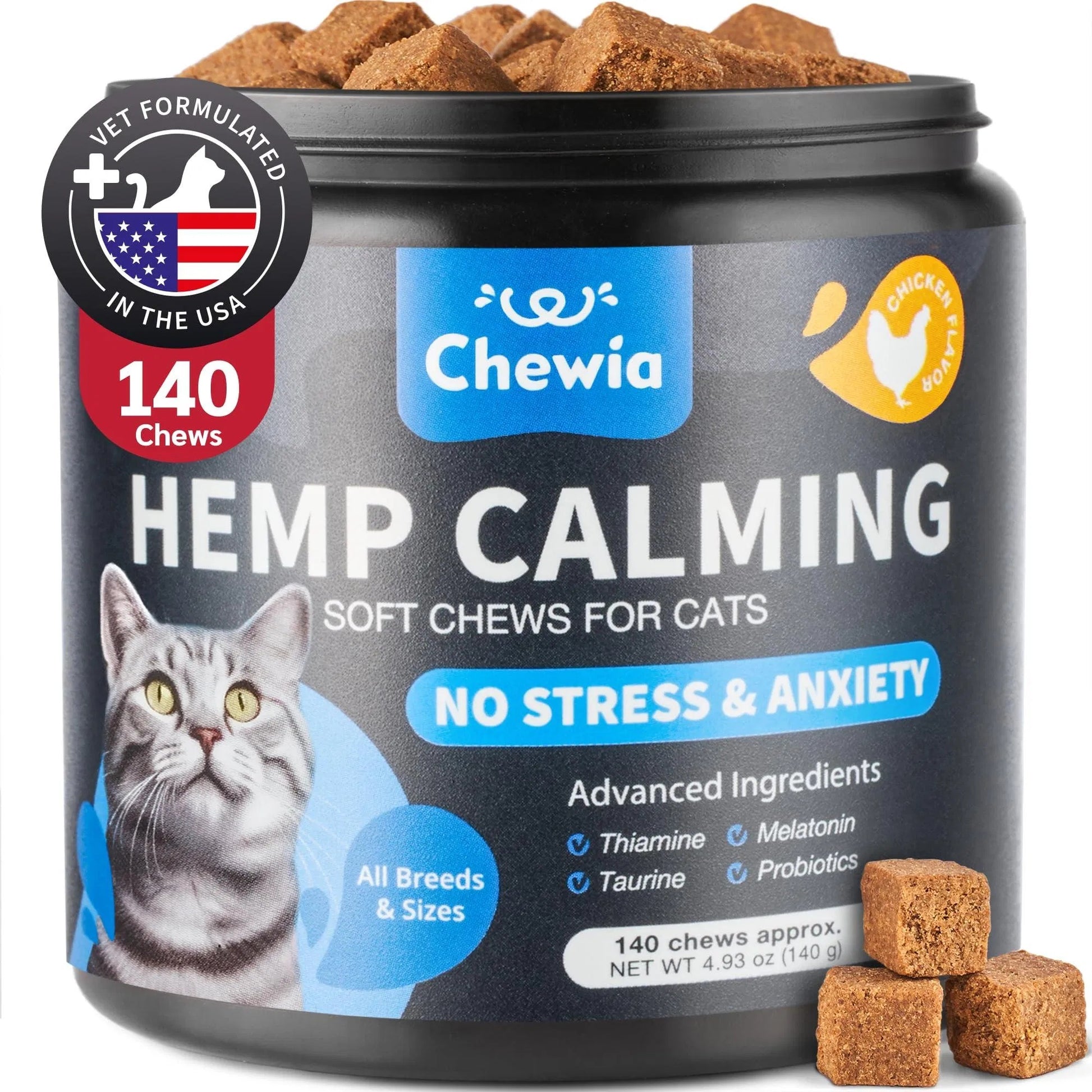 Chewia hemp calming soft chews for cats with a cat on the label
