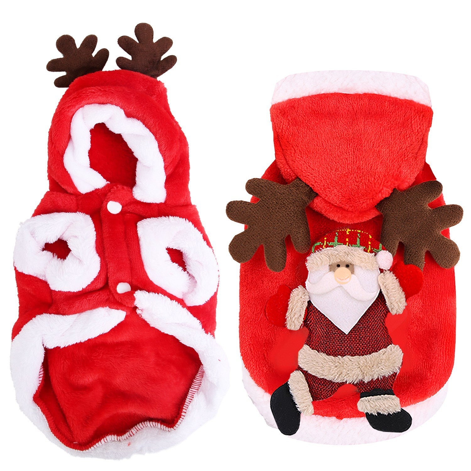 Two red pet costumes with reindeer and Santa Claus designs on a white background