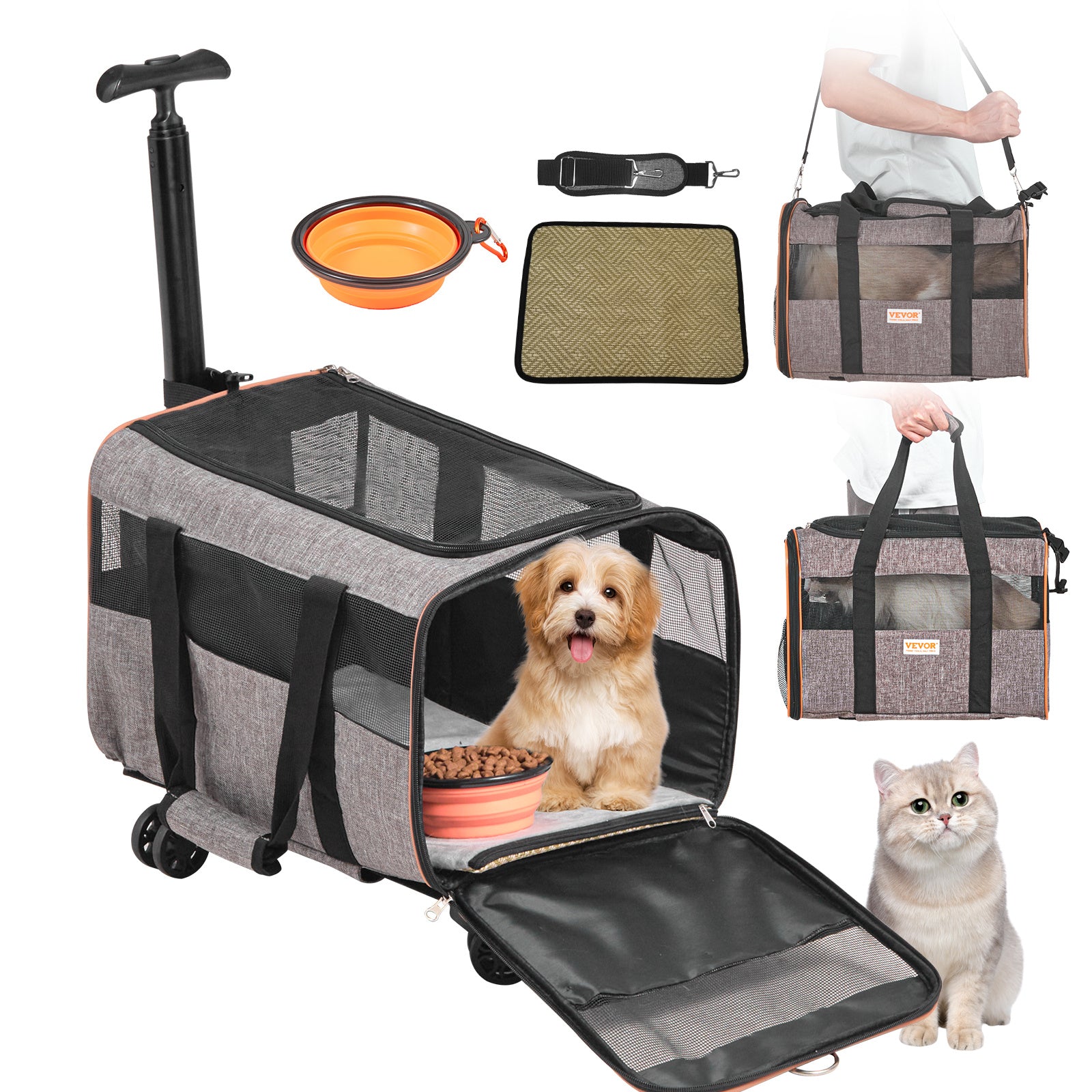 Pet travel carrier with accessories on a white background